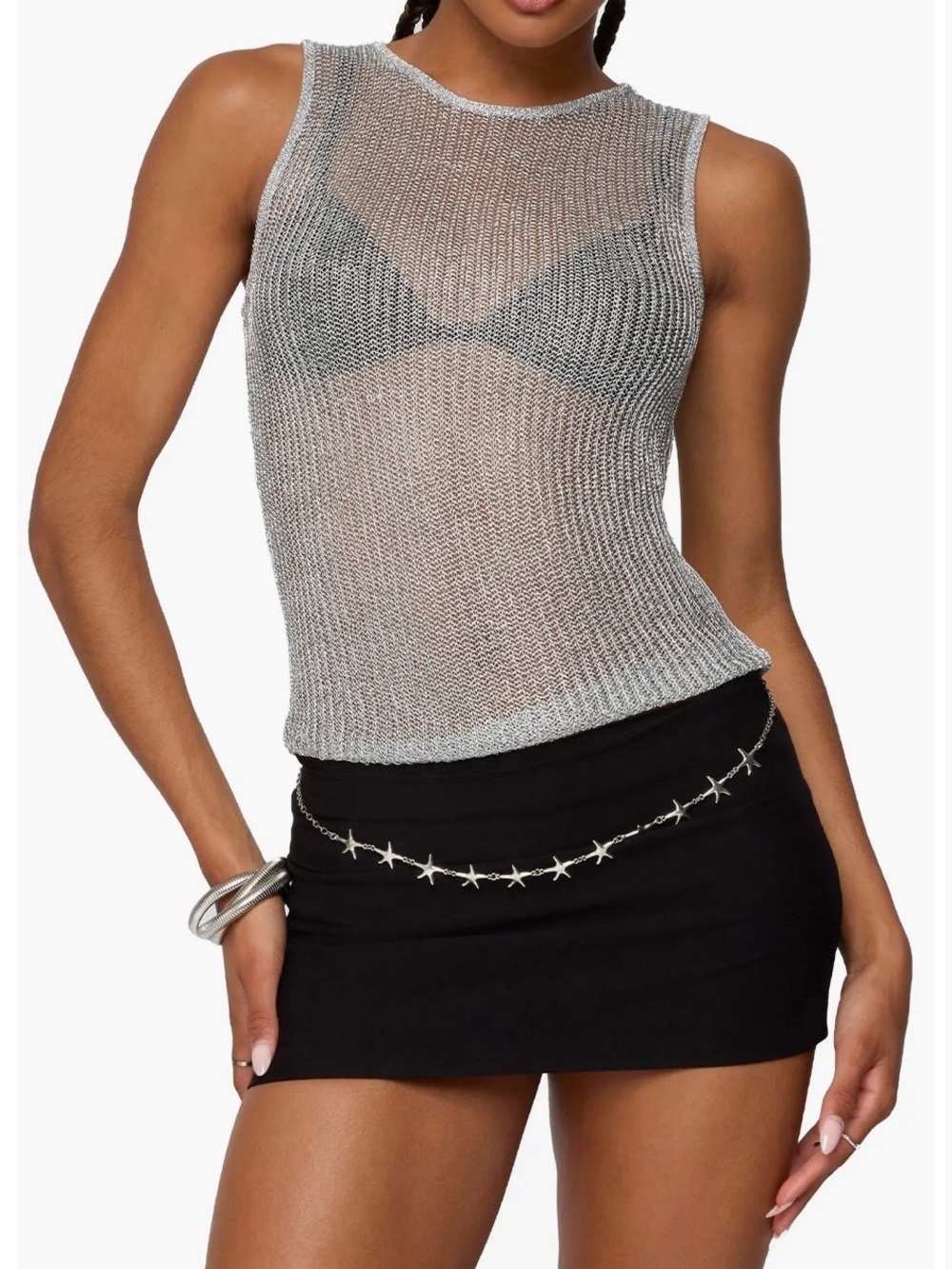 NWOT Lioness Silver Mesh Metallic Knit Tank